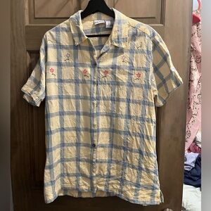 Blue & cream check pattern shirt with embroidered flower details, summer, work